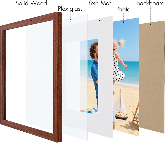 Vittanly 12x12 Picture Frame, Made of Solid Wood and Shatterproof Plexiglass, Display Pictures 8x8 with Mat or 12x12 without Mat, Wooden Photo Frame for Wall Mounting, Brown, 1 Pack