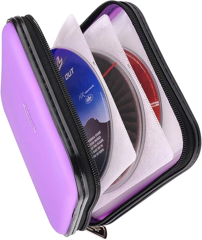 CD DVD Wallet, 32 Capacity Heavy Duty, DVD CD Case Holder for Car,Portable DVD/VCD Storage Disk, Hard Shell Sturdy case, Car CD Disk Holder, Booklet, Blu-ray Wallet (32 Capacity,Purple)