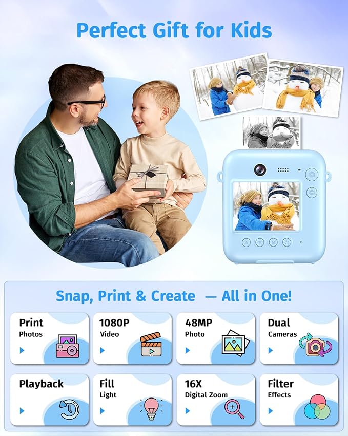 Instant Camera, Dual-Lens Kids Camera Instant Print for Boys Girls Christmas Birthday Gifts, 1080P Digital Cameras for Kids Teens with Print Paper, 32GB Card, Toddle Toy for Age 4-12 Years(Blue)