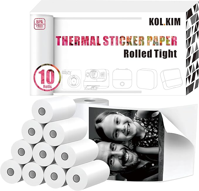 S1 Thermal Sticker Paper D20 S002 Self-Adhesive Mini Thermal Printer Sticker Paper Roll Compatible for Ponek Memoking T02 M02X M02 M02S PM290C 57 2-1/4" 10 Rolls White