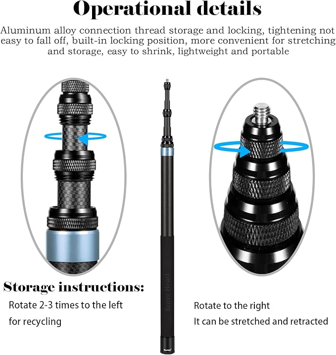 118 Inch/3m Carbon Fiber Invisible Extension Selfie Stick for Insta360 Insta 360 X5/X4/X3/X2/ONE RS Action Camera Accessories (Blue)