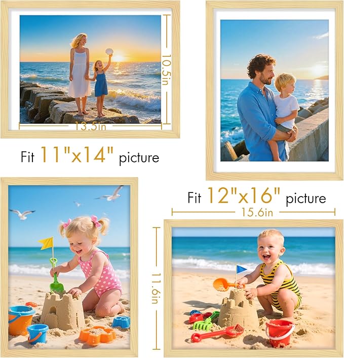 Vittanly 12x16 Picture Frame, Made of Solid Wood and Shatterproof Plexiglass, Display Pictures 11x14 with Mat or 12x16 without Mat, Wooden Photo Frame for Wall Mounting, Natural, 1 Pack