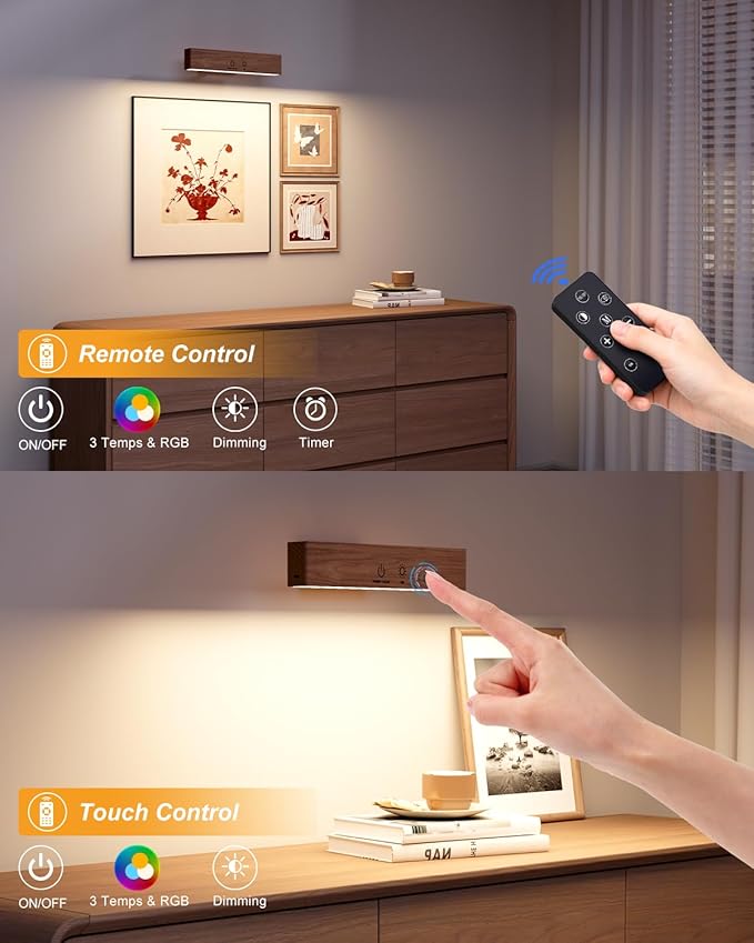Rechargeable Wood Wall Sconce (2 Pack) with Remote & Touch, 5200mAh Battery Operated Wall Lights with 3 Color Temperatures & RGB. Magnetic, Stick-On, Dimmable Wall Reading Lamp for Bedroom, Picture