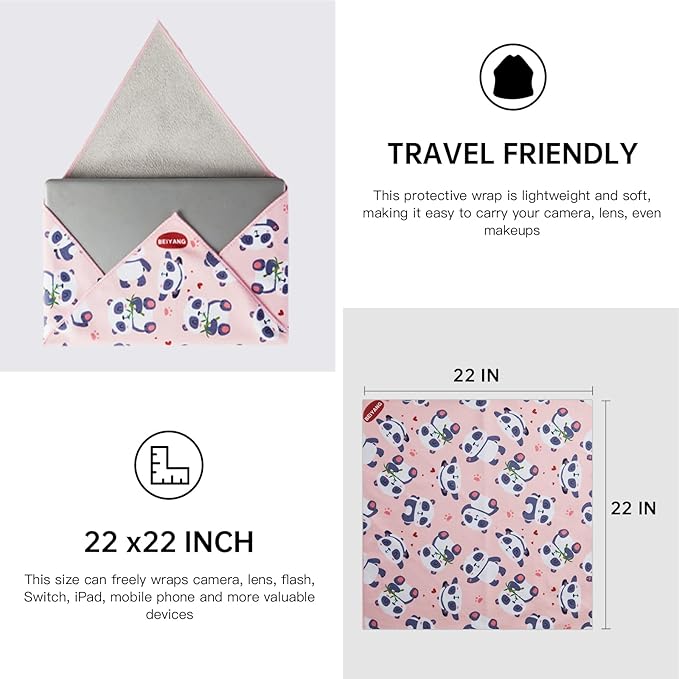 Camera Protective Wrap, Lens Protector Wrapper, 22 x 22 Inch Pink Panda Pattern Magic Self-Adhesive Cloth for Camera/Lens/Phone/DSLR/Laptop/Accessories, Anti Scratch Equipment Wrap Storage Pouch