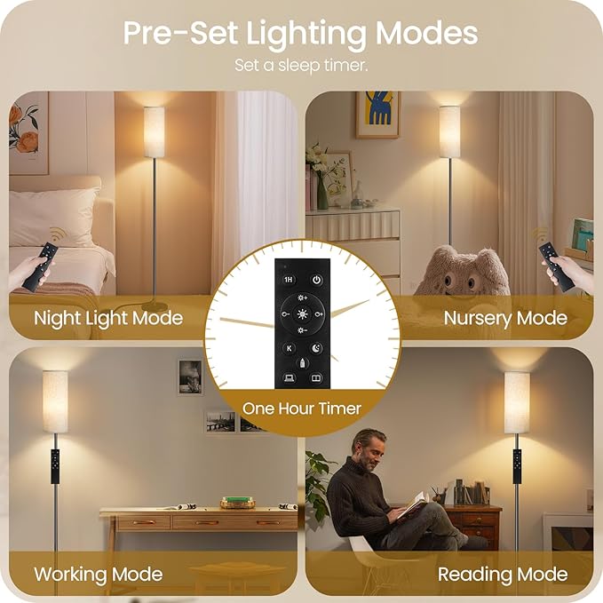 Set of 2 Dimmable Floor Lamps for Living Room with 2 Remotes and Foot Switch, 64.4”Modern Standing Tall Lamp, Corner Lamp for Bedroom, Bulb Included, 3000K-6500K, Beige Shade E06LDP205W1