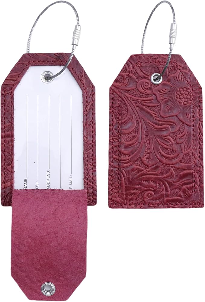 Genuine Leather Set of 2 Luggage Tag with Full Back Privacy Name ID Card Stainless Steel Loop Suitcase Labels Identifiers Baggage Tags Luggage for Women Men Travel (Wine Red Flower)