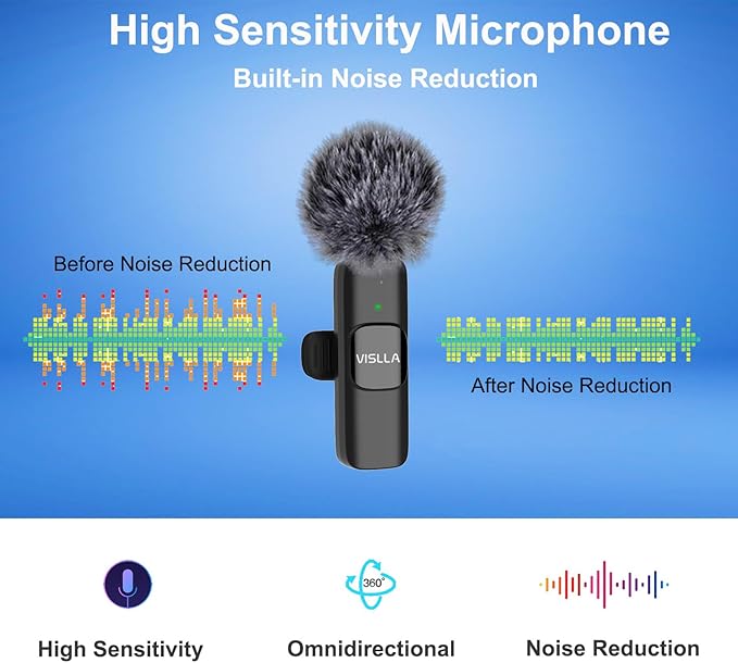 Vislla Mini Microphone for iPhone & Android,11H Battery, Noise Cancelling Wireless Lavalier Mic, Clip On Lapel Mic Pro for Content Creator Vlogging/YouTube/Tiktok/Video Recording/Streaming/Interview
