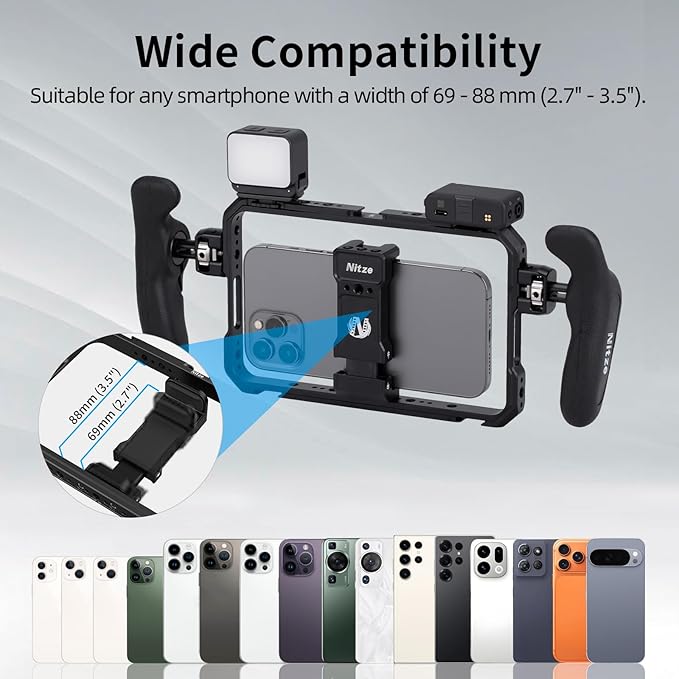 Nitze Smartphone Cage, Universal Phone Video Rig, with Ergonomic Side Handles, Adjustable Cellphone Clamp and 5 Built-in Cold Shoes, for Vlogger and Videographer - T-MP01B