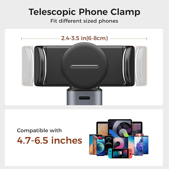 MoKo Overhead Tripod for iPhone, Heavy Duty Aluminum Overhead Phone Mount, Angle & Height Adjustable, Telescopic Arm, Overhead Phone Stand for Recording, Live Streaming, Cooking, Filming (Clip)