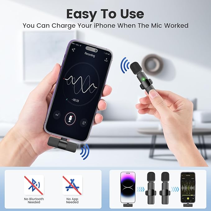 2 Pack Wireless Lavalier Microphone with Charging Case for iPhone, iOS and Android Phone, Mini Microphone for Video Recording, Interview, Podcast, Vlog, Tiktok, YouTube (Black)