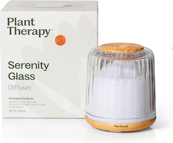 Plant Therapy Serenity Glass Diffuser, Elegant Glass Cover, Intermittent & Continuous Mist, Multiple Light Settings, Essential Oil Diffuser, 250 Square Feet Coverage