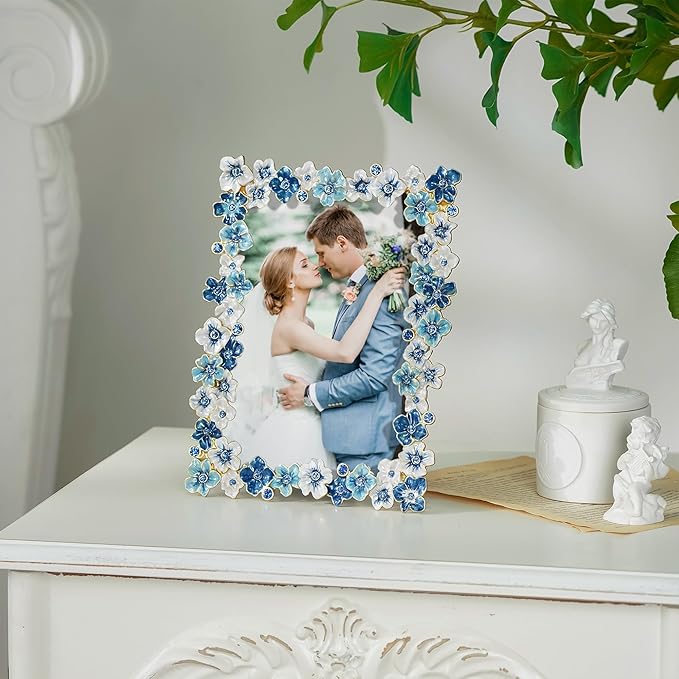 Blue Flower Picture Frame 5x7 Blossom Photo Frame for Tabletop Display, Decorative Flower Design Home Decor