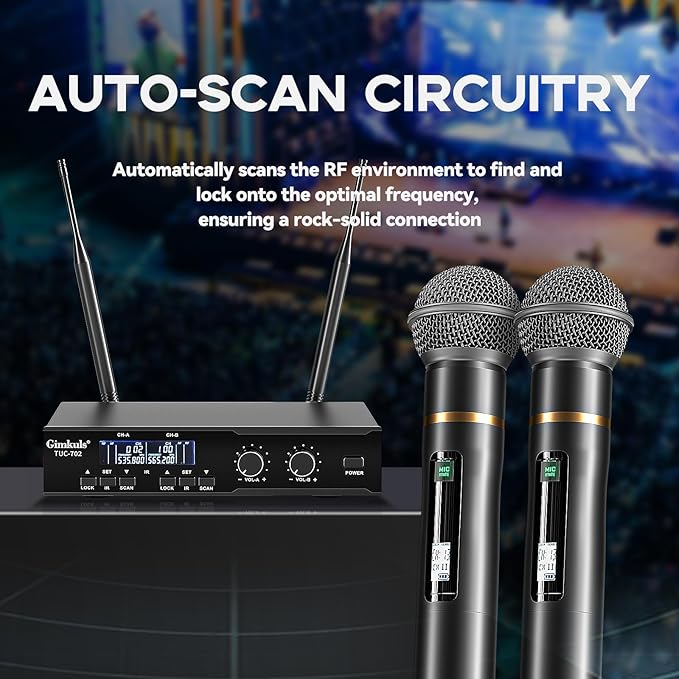 Wireless Professional Microphone System, Cordless Handheld Dynamic Mic, Dual UHF 200-Channel, Metal Microphones 328ft Long Range for Karaoke, Church, DJ, Wedding, Singing
