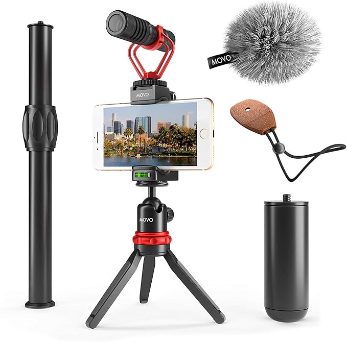 Movo VXR10+ Smartphone Vlogging Kit with Mini Tripod, Phone Grip, and Video Microphone Compatible with iPhone and Android - for YouTube, TIK Tok, Filming, Vlogging
