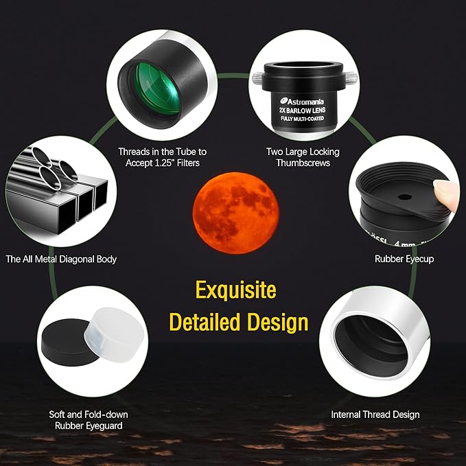 Astromania Telescope Accessory Kit Eyepiece Set with Three Plossl Eyepieces Including 4mm 10mm 25mm and Barlow Lens 2X, FMC Telescope Lense for 1.25 inch Astronomical Telescopes & Astronomy Filters