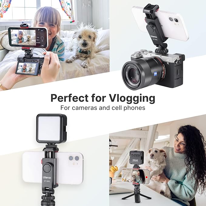 ULANZI ST-06S Phone Tripod Mount, Universal Smartphone Mount Adapter with 2 Cold Shoe, 360° Rotates Adjustable Cell Phone Clip Clamp Holder, Compatible with iPhone 17/16/15, Samsung Galaxy Cell Phones
