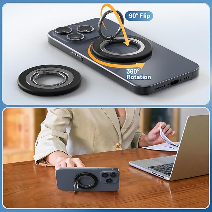 Phone Ring Holder, Dual Sided Magnetic Phone Grip Magnet Cell Phone Finger Holder for Hand Removable Slim Handle Grip Kickstand Compatible for MagSafe iPhone 17/16/15/14/13/12 Series, Black
