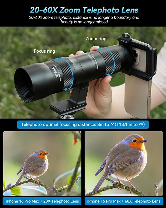 20-60X Zoom Telephoto Lens, Evil Eye High Power HD Telephoto Phone Lens with Tripod and Universal Phone Clip for iPhone 16/15/14/13 Series, Samsung, Android Phone and Most Smartphone