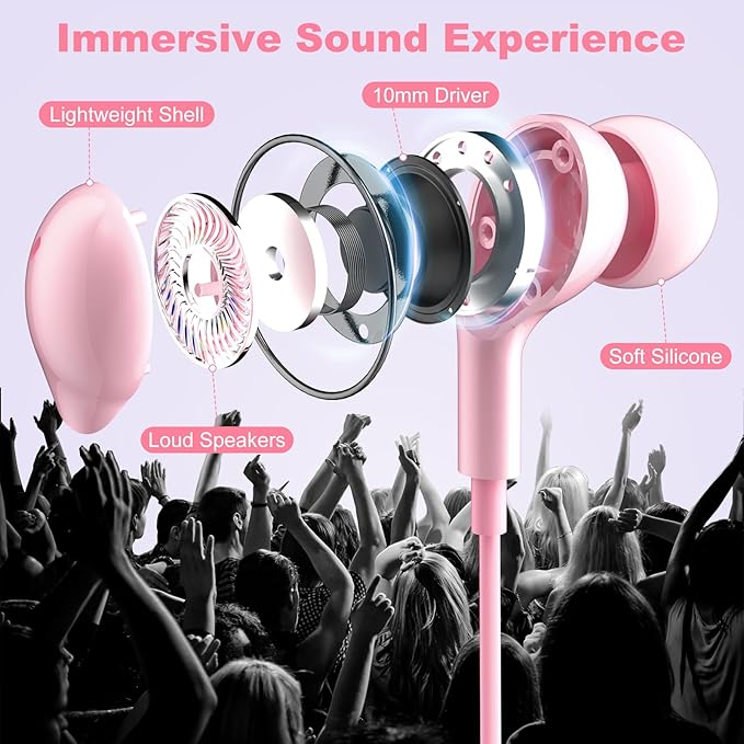 USB C Headphones Wired Earbuds for iPhone 17 16/15 Pro Max/iPad Pro, with HiFi Mic Volume Control Type C Earphones for Samsung Galaxy S25/S24/S23 Ultra, Noise Cancelling for iPhone 15 Headphones, Pink
