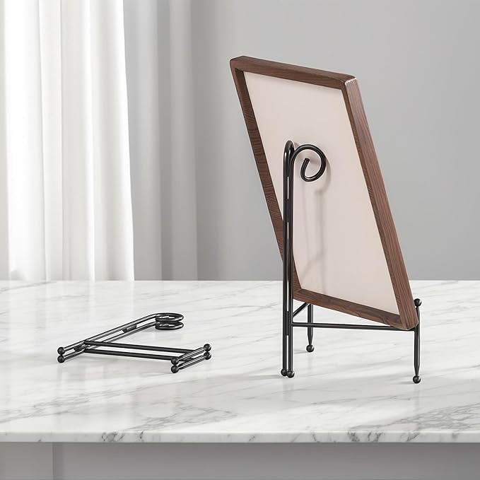 HEMYLU Display Stand for Plate, Foldable Metal Plate Stand for Table, Decorative Easel Holder for Picture Frames, Photos, Wedding Cards, Sign Posters, Cavas, 8-inch Black