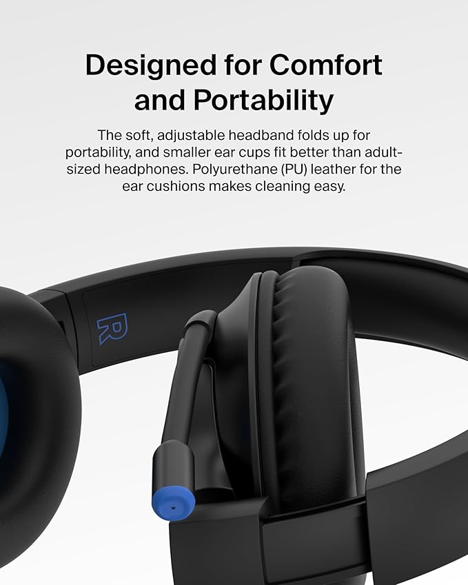 Belkin SoundForm Inspire Wired Over-Ear Headset for Kids, Online Learning & Travel w/Built-in Boom Mic, 85dB Safe Volume Limit - USB-C & 3.5mm - Compatible w/iPhone, iPad, Galaxy & More - Black