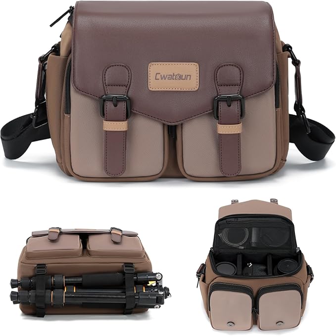 Cwatcun Camera Messenger Bag, Waterproof Flap Camera Crossbody Shoulder Case with Tripod Holder, Travel Photography Bag for Canon, Nikon, Sony, Fuji DSLR/SLR/Mirrorless Camera, Lens （Brown）, M