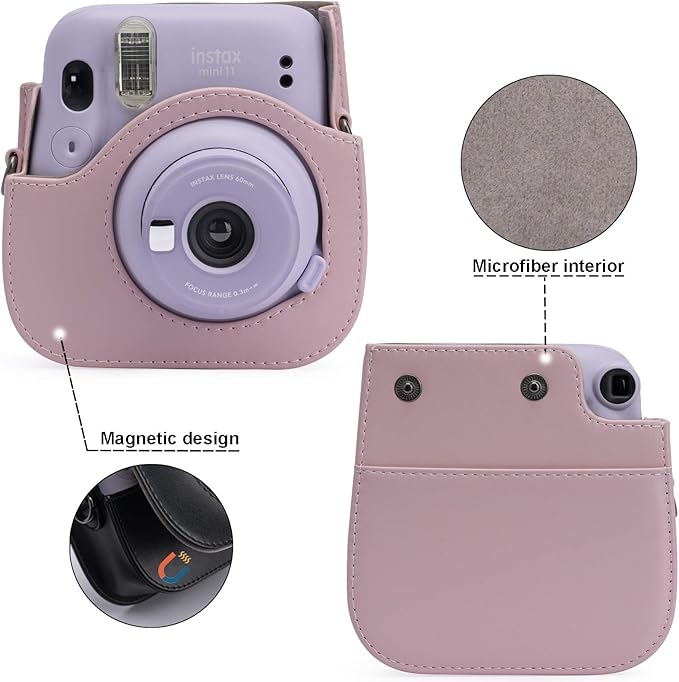 Frankmate PU Leather Camera Case Compatible with Fujifilm Instax Mini 11 12 Instant Camera with Adjustable Strap and Pocket (Pink)