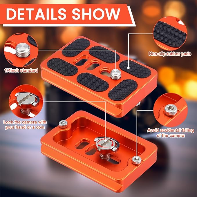 Frienda 2 Pieces Metal Quick Release Plate with 1/4''-20 Camera Screw Tripod Mount Plate Fits Standard for DSLR Camera Tripod Ball Head(Orange,Pu60)