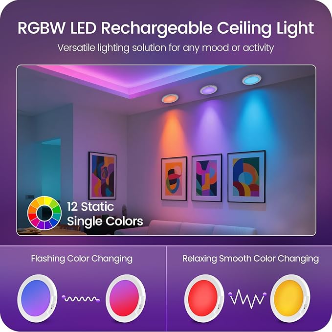 2 Pack Motion Sensor Rechargeable Shower Lights with Remote, RGBW Battery Operated Ceiling Light, Wireless, Color Changing, Warm-to-Cool Whites, Dimmable, Timer, Magnetic for Bathroom Closet Porch
