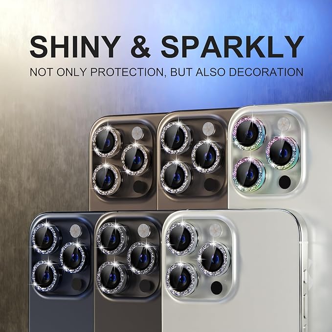 Choiche Compatible for iPhone 15 Pro/iPhone 15 Pro Max Camera Lens Protector Bling, 9H Tempered Glass Camera Cover Screen Protector Metal Ring Decoration Accessories (Glitter-Colorful)