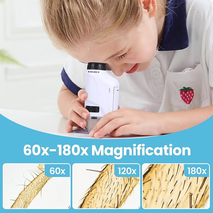 Axlksia Mini Microscope for Kids and Adults, Handheld 60x-180x LED Lighted Pocket Microscope with 4 Slides for Student Science Lab Education (White)