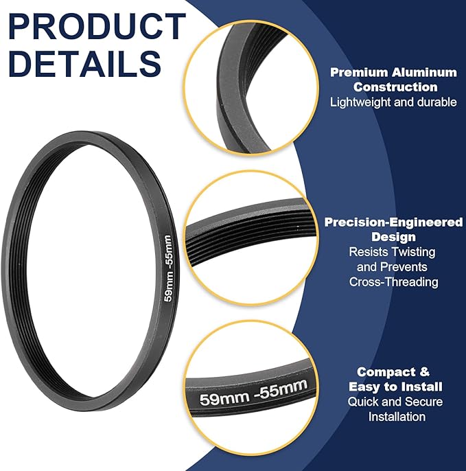 PATIKIL Step Down Ring Adapter 59mm to 55mm, Filter Step-Down Rings Camera Lens Filters Metal Ring Digital for ND IR DSLR Lenses, Black