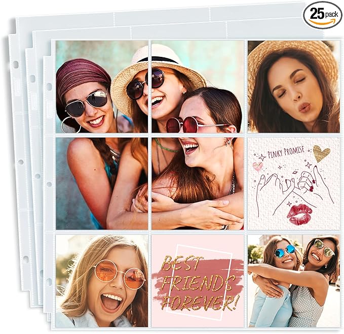 Dunwell 4x4 Photo Album Sleeves (25 Pack), Fits 12x12 3-Ring Album Binder, 12 x 12 Scrapbooking Pages with 9 Square Pockets, Photo Page Refills Holds 450 4 x 4 Prints, Archival Quality
