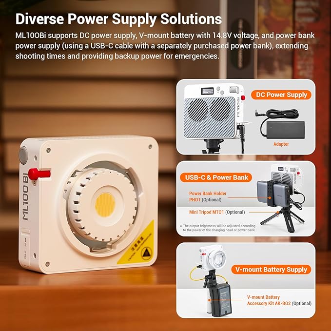 Godox ML100Bi 100W Portable LED Video Light,CRI 97+/TLCI 98+,0%-100% Brightness& Bi-Color COB Continuous Output Lighting 2800-6500K,11 FX Lighting Effects,App Control Mini Photography Light