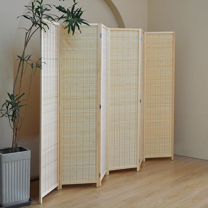 6 Panel Bamboo Room Divider and Folding Panel Screen,Bamboo Panel Divider for Room Separation,Beige,67" H x 92.1" W