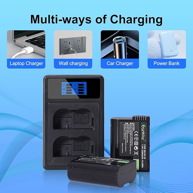 EN-EL15 2-Pack Batteries and Charger Set for Nikon Z6 z6ii Z7 z7ii Z8 D750 D850 D7000 D7500 D7100 D7200 D500 D600 D610 D800 D810 D850 Camera 2200mAh