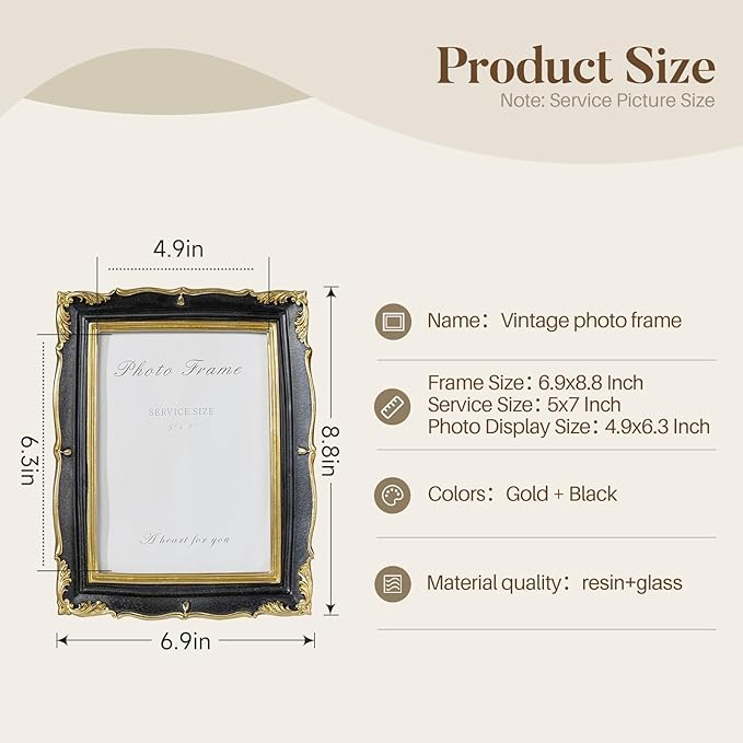 Cuspin 5x7 Picture Frame Black and Gold Frames, Vintage Ornate Textured Hand-Crafted Resin Photo Frame with Glass Front, Decorative Picture Frame for Wall & Tabletop, Retro Frame Home Decor