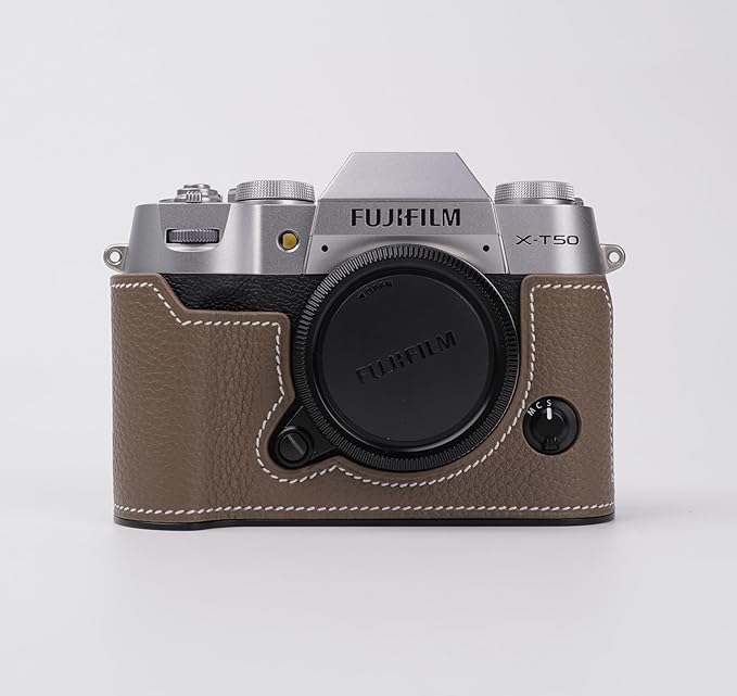 Handmade Genuine Leather Camera Half Case for Fujifilm X-T50 - Top Layer Cowhide Body + Metal Base Plate - Hand Shank Free Design (Brown)