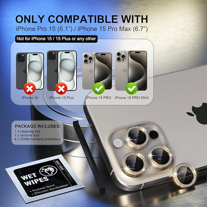 Choiche Compatible for iPhone 15 Pro/iPhone 15 Pro Max Camera Lens Protector Bling, 9H Tempered Glass Camera Cover Screen Protector Metal Ring Decoration Accessories (Diamond-Gold)