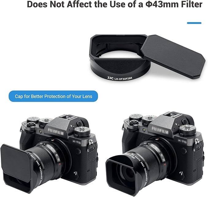JJC Square Metal Bayonet Lens Hood Shade for Fuji Fujifilm XF 30mm f/2.8 R LM WR Macro Lens, XF30mm F2.8 Lens Hood on X-T5 XT5 X-T4 X-T30 II X-T30II XT30II X-E4 X-S10 X-T200, with Protective Hood Cap