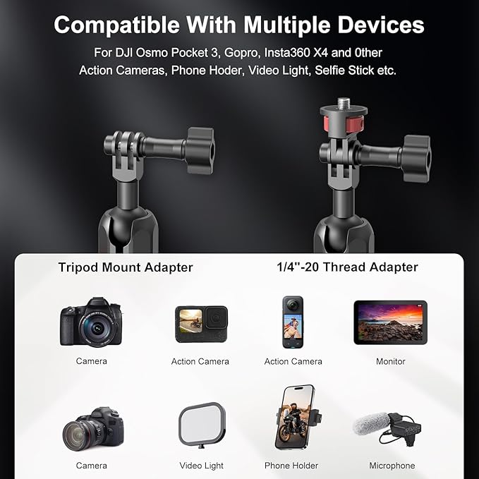 Camera Mount Super Clamp, Double Ballhead Magic Arm Clamp for GoPrO/Pocket 3 /lnsta360 X3 X4 /DSLR/Monitor/LED Light/Flash/Microphone,360°Rotating & 1/4”Screw & CNC Ebike Handlebar Clip Kit, JC008