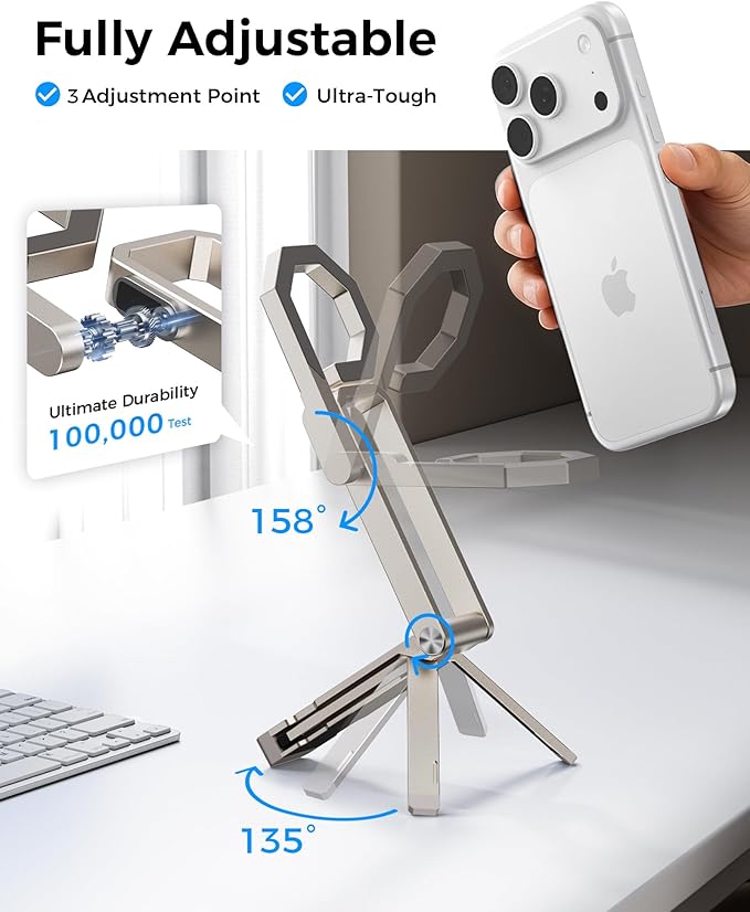 LULULOOK Rugged Magnetic Phone Tripod Stand for iPhone/Pixel 10 - Portable Strong Magnetic Phone Holder for Magsafe - Tripod Mount for iPhone 13/14/15/16/17 Pro Max & Air (Titanium)