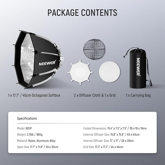 NEEWER 17.7"/45cm Octagonal Softbox Bowens Mount, Quick Folding Quick Set Up with Diffusers/Honeycomb Grid/Bag for Q4 RGB CB60 MS60B MS60C MS150B Compatible with Godox Aputure Video Studio Light, NS1P