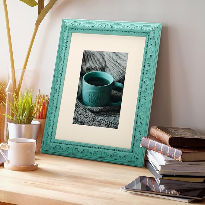 8x10 inch Distressed Wood Embossed Scroll Motif Vintage Antique Rustic Picture Frame, White Mat for 5x7 in Photo, Art Print Drawing, Wall Hanging or Desktop Display-Turquoise Blue