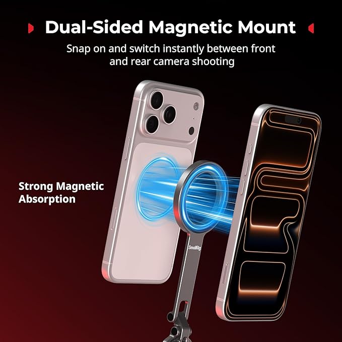 SMALLRIG Dual Magnetic Phone Tripod, Metal Cell Phone Mount Grip with 1/4" Threads, 270° Adjustable Phone Holder Mini Pocket Tripod for iPhone 17/16/15/14/13 Series -5649