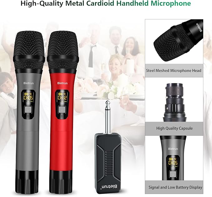 Bietrun UHF Wireless Microphone with 1/4'' Plug Rechargeable Receiver, 160 Feet, Professional Metal Dual Handheld Cordless Dynamic Mic System for Karaoke, Wedding, Singing, DJ, Party, Speech, Church