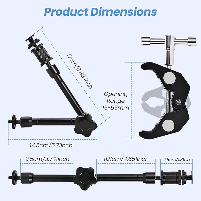 11’’ Magic Arm Super Clamp Kit 1/4" & 3/8" Screws, Small Rig Arm with Crab Clamp for DSLR,Phone,Monitor,Flash,LED Light,Camera Cage, Action Cam,360° Rotating, Table Mount