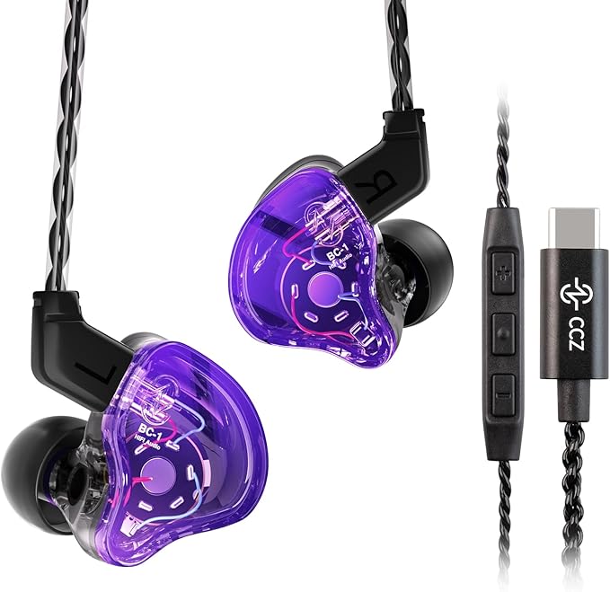 CCZ Melody USB C Headphones Wired Type-C in Ear Monitor, Professional USB C Wired Earbuds Gaming Earphones with 1BA 1DD Patent Ear fins Ear tips for Singer Musician Stage (Clear Purple, USBC-With Mic)