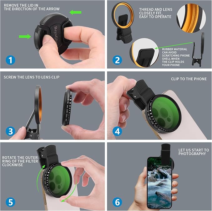 Phone 52MM Variable ND2-ND400 Filter, Multi-Coating Clip Adjustable Neutral Density Lens Kit, Compatible with iPhone 16/15/14/13 Pro Max, Samsung Galaxy, Google Pixel and Other Smart Phones