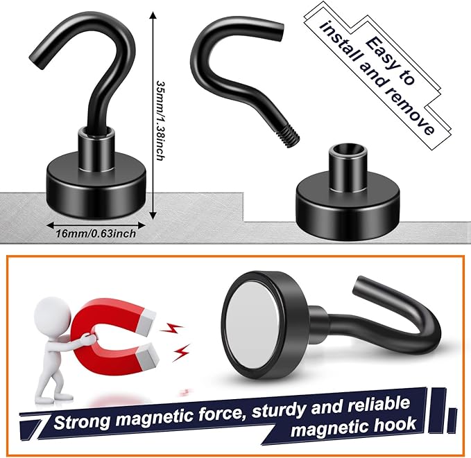 FINDMAG 16 Pack Magnetic Hooks, Black Neodymium Magnet Hooks, 30 LBS Strong Magnetic Hooks for Hanging, Magnet with Hooks for Home, Kitchen, Bathroom, Office